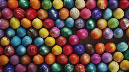 Fototapeta premium Seamless flat background of colorful hand painted Easter eggs. Easter decoration, banner, panorama, background with copy space for text. Happy Easter.