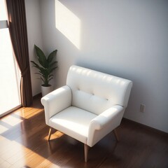 A modern minimalist living room with a white armchair and a potted plant in a sunlit corner.