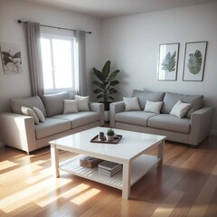 Bright and airy living room with modern white sofas, a coffee table, and decorative plants near a window.