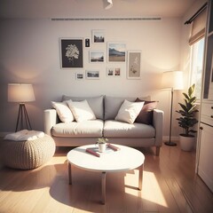 Cozy living room at sunset with a white sofa, coffee table, and decorative wall art.