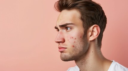 Fototapeta premium Side profile of a young man with a solemn face and acne, wearing a white shirt, against a peach background.