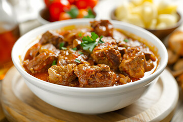 tasty and spicy beef or pork stew with vegetables, goulash, close up