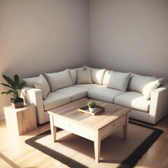 A modern living room featuring a large white sectional sofa, wooden coffee table, and a potted plant, bathed in natural light.
