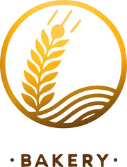 Logo rotondo per bakery prodotti da forno con spiga in campo di grano color oro sfumato - obrazy, fototapety, plakaty