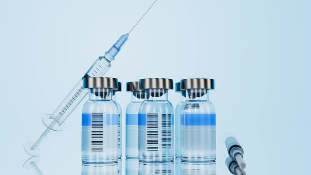 Antibiotics. Camera movement along glass bottles with medicine. Glass bottle with a barcode label and medicine inside and a disposable syringe. Vaccination concept. Bottles with the drug for medical p