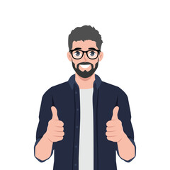 Happy man shows gesture cool two thumbs up. Flat vector illustration isolated on white background