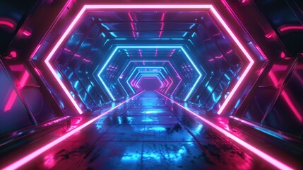 Fototapeta premium Abstract techno concept: a futuristic tunnel in 3D, lit by neon, offers immense perspective depth. 3d background abstract