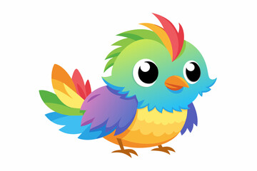 very cute baby bird, rainbow fur, full body, plain white background