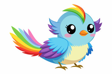 very cute baby bird, rainbow fur, full body, plain white background