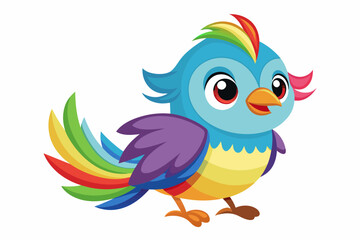 very cute baby bird, rainbow fur, full body, plain white background