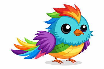 very cute baby bird, rainbow fur, full body, plain white background