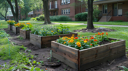 A series of small urban gardens created in vacant lots, each plot cultivated by local community members and bursting with flowers and vegetables