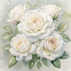 Watercolor white roses bouquet. White roses