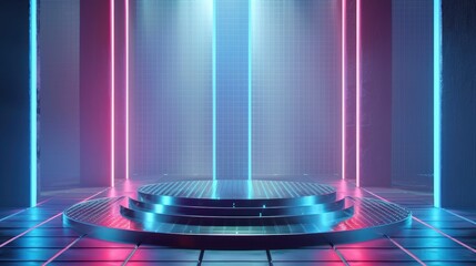 Explore the avant-garde with a futuristic 3D podium designed with holographic elements in a virtual reality space, symbolizing innovation and forward-thinking concepts. 3d background podium