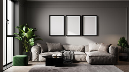 Stylish living room interior background with three poster frames, 3d rendering
