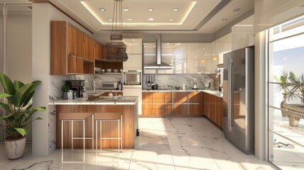 Inviting 3D kitchen with ample space, marble countertops, breakfast bar, and contemporary appliances. 3d background room