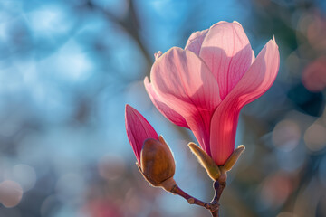 A single magnolia flower and a magnolia bud, sunlit, with blue sky and blurred tree branches on the...
