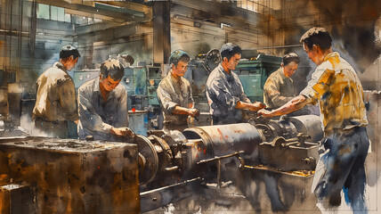 A group of men are working in a factory