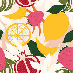 Seamless pattern tropical fruits and leaf. Vector illustration.