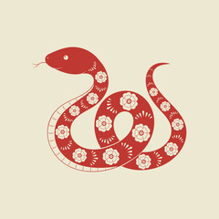 Red snake with flower pattern. Symbol of the New Year 2025. Vector illustration.