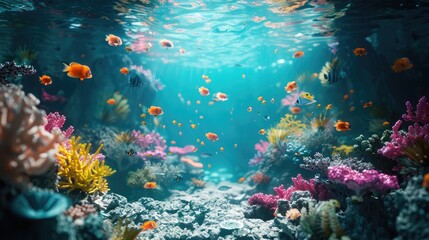 Fototapeta na wymiar Vibrant 3D underwater world: colorful coral reefs and fish swimming gracefully, capturing the stunning beauty and varied marine ecosystems. 3d backgrounds