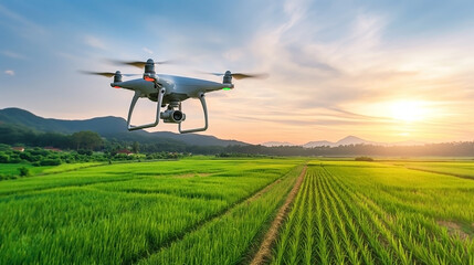 A drone flying over a green rice field at sunset with hills in the background.