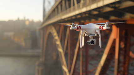 A drone with a camera flying in front of a bridge during sunset.