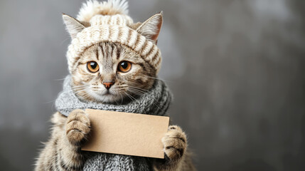A tabby cat wearing a knitted hat and scarf, holding a blank cardboard sign in its paws. Copy space.