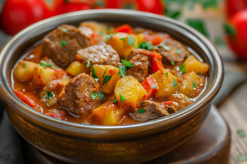 tasty and spicy beef or pork stew with vegetables and potato, hungarian goulash soup, close up