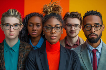 Business people, about us and corporate diversity in portrait for affirmative action, team and inclusion on color block background. Glasses, vision and confident with pride, equality and workforce