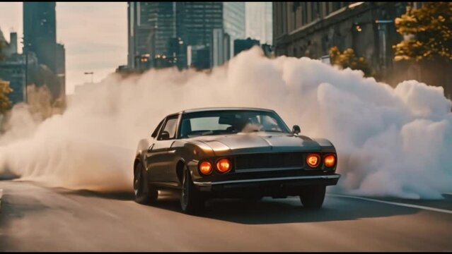 Retro car driving on the background of the city. air pollution problems and ecology concept