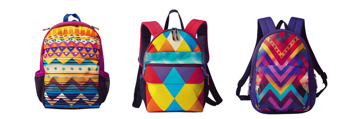 set of different backpacks with geometric patterns and vibrant hues for teenagers, isolated on transparent background