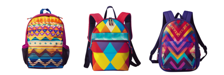 set of different backpacks with geometric patterns and vibrant hues for teenagers, isolated on transparent background