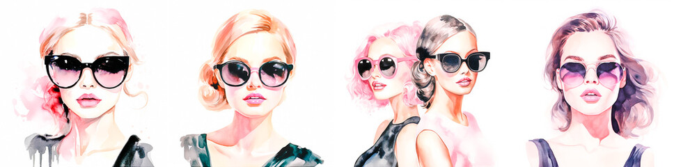 Beautiful watercolor clipart with pink and black sunglasses. Ideal for adding style to your design. The white background makes it easy to incorporate clipart into any project.