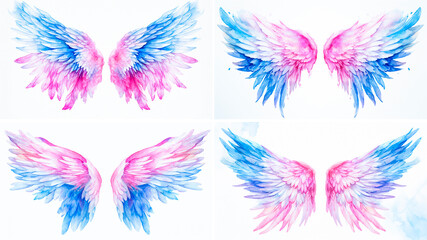 Stunning watercolor design with blue and pink wings. Ideal for use as wallpaper or background. Adds a touch of magic and beauty to any project or design.