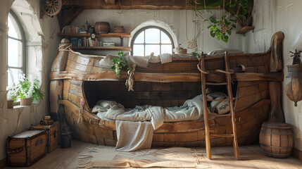 Fototapeta na wymiar Pirate ship bunk bed, sailing the seas of imagination.