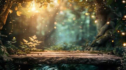 Enchanted magical forest themed on blank wooden tabletop background