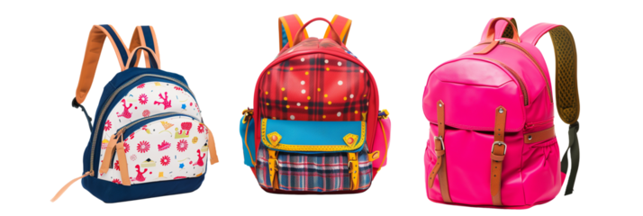 set of different stylish backpacks for teenagers, featuring bold colors and trendy patterns, isolated on transparent background