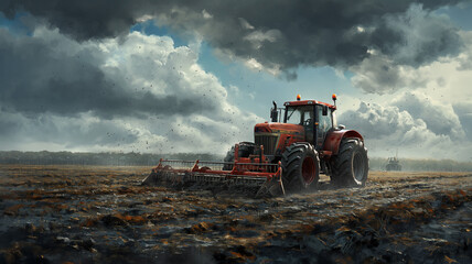 A red tractor is driving through a field of dirt