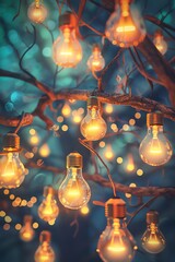 light bulbs growing on tree branches, representing innovative ideas leading to success, twilight ambiance
