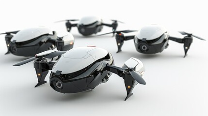 Four drones are lined up on a white background
