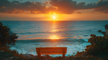 A tranquil coastal cliff at sunset, with waves crashing below and a bench overlooking the vast ocean - Powered by Adobe