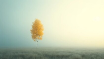 Solitary Autumn Tree in Misty Minimalist Landscape.