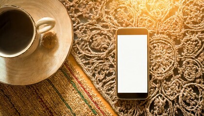 Obraz na płótnie Canvas Minimalist Elegance: Mobile Phone Blank Screen on Ornamental Wooden Table