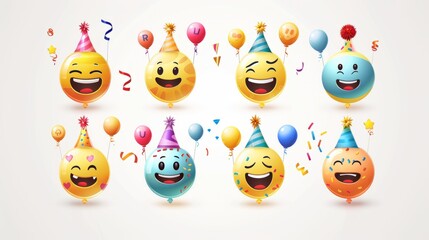 Vibrant birthday emoji vector set: cheerful emoticon party icons on white background, ideal for graphic design projects