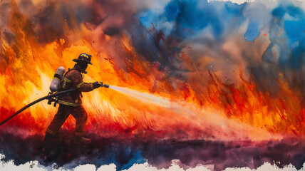 A firefighter is spraying water on a fire - obrazy, fototapety, plakaty