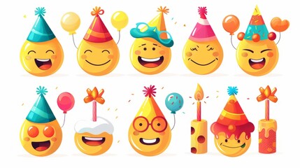 Vibrant birthday emoji vector set: cheerful emoticon party icons on white background, ideal for graphic design projects