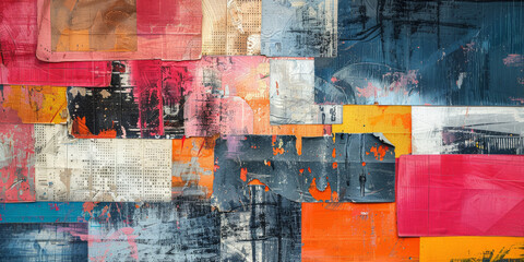 Abstract contemporary collage background with torn paper pieced and paint stains