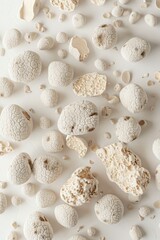 scattered white truffles, high-key lighting, pure white background, birds eye view