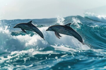 Animals In Water. Playful Bottlenose Dolphin Family in Hawaii Pacific Ocean Red Sea - obrazy, fototapety, plakaty